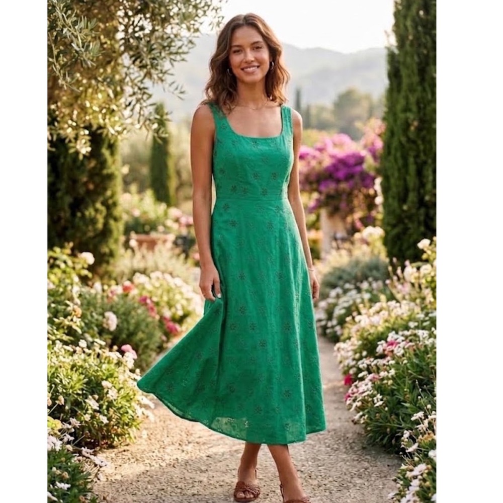 J.Crew Green Eyelet Floral Midi Dress Square Neck Smocked Back CS891 Size 10